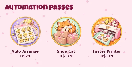 Icons of Auto Arrange, Shop Cat and Faster Printer passes
