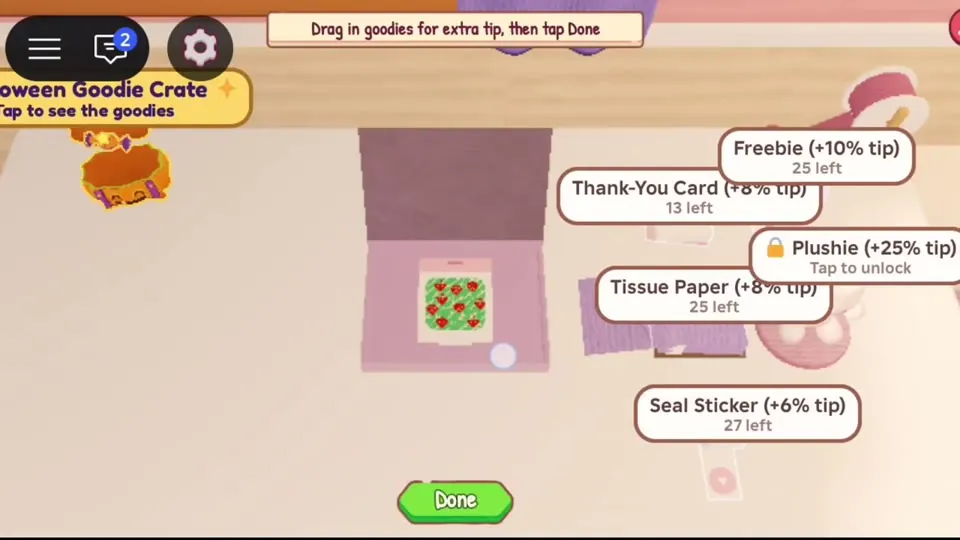 Packing screen with a Halloween Goodie Crate button plus Freebie +10% and other goodies