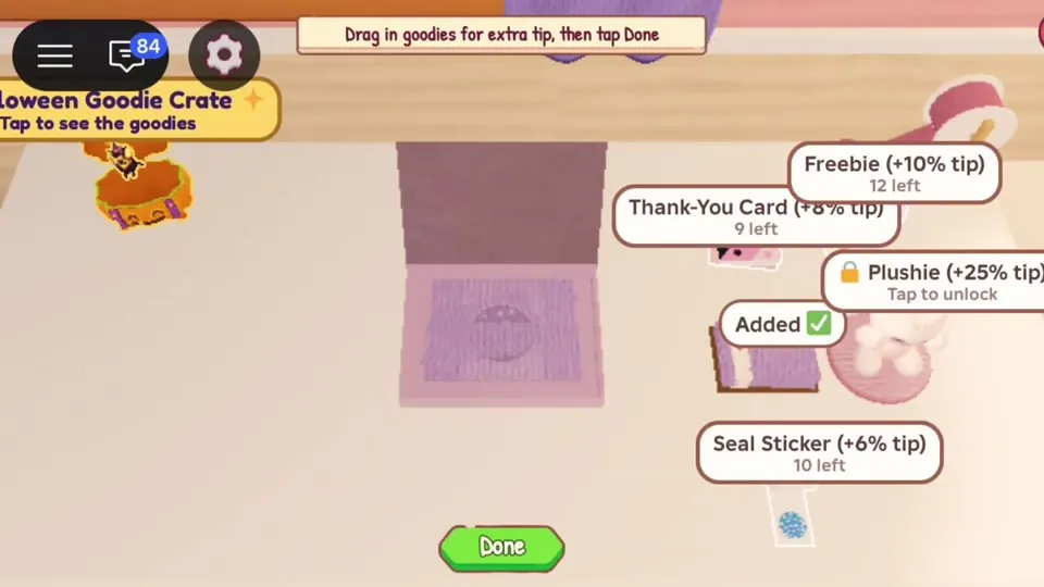 Packing screen with Halloween goodie crate and goodie list