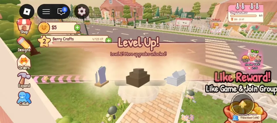 Level Up banner reading Level 2, more upgrades unlocked, in front of a cozy street