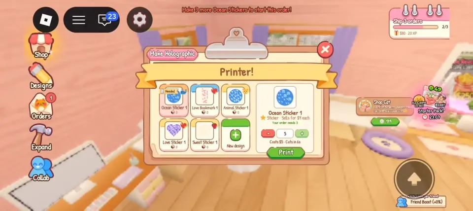 Printer menu showing Ocean Sticker sells for $8 each