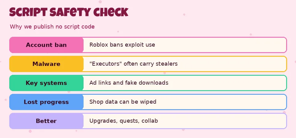 Card listing the risks of Roblox scripts and safe alternatives