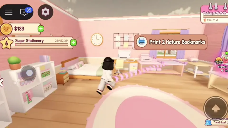 Player walking through a decorated shop room with shelves and a rug