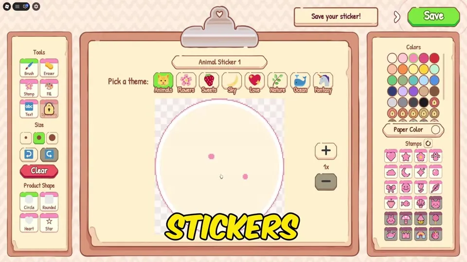 Sticker design editor with theme buttons, brush tools, colour palette and stamps