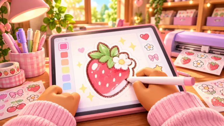 Hand drawing a strawberry with a flower on a drawing tablet with stylus